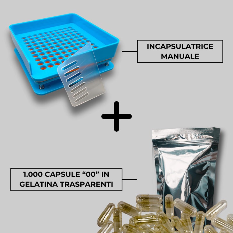 Incapsulatrice Manuale Azzurra + 1000 Capsule Tipo 00 Trasparenti